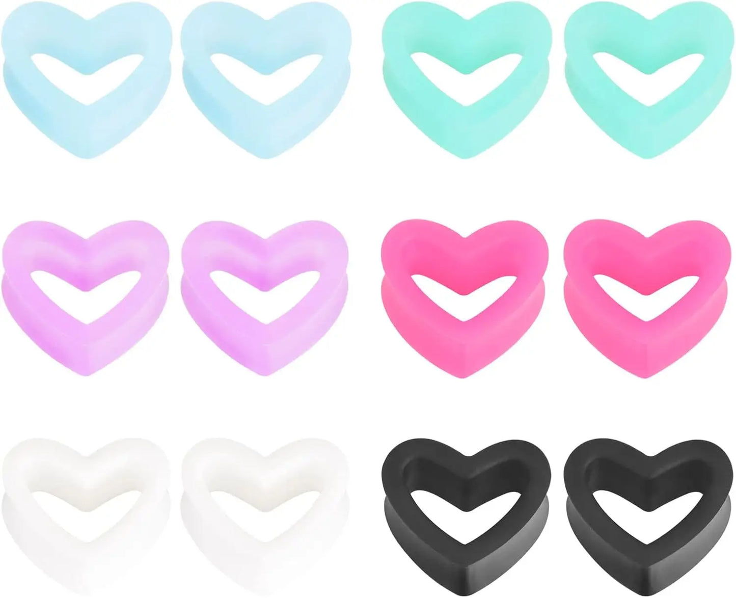 6 Pairs Heart Shape Silicone Ear Gauges – Flexible Double Flared Piercing Tunnels (2g to 1 inch) Stretch Ear Plug Body Jewelry Set