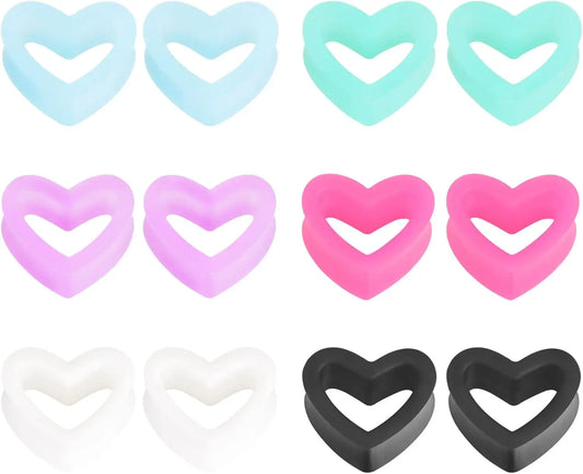6 Pairs Heart Shape Silicone Ear Gauges – Flexible Double Flared Piercing Tunnels (2g to 1 inch) Stretch Ear Plug Body Jewelry Set