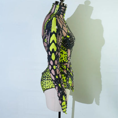 Sexy Sparkly Green Rhinestone Bodysuit – Stage Dance Costume for Party, Bar Show, Drag Queen, Cosplay & Halloween