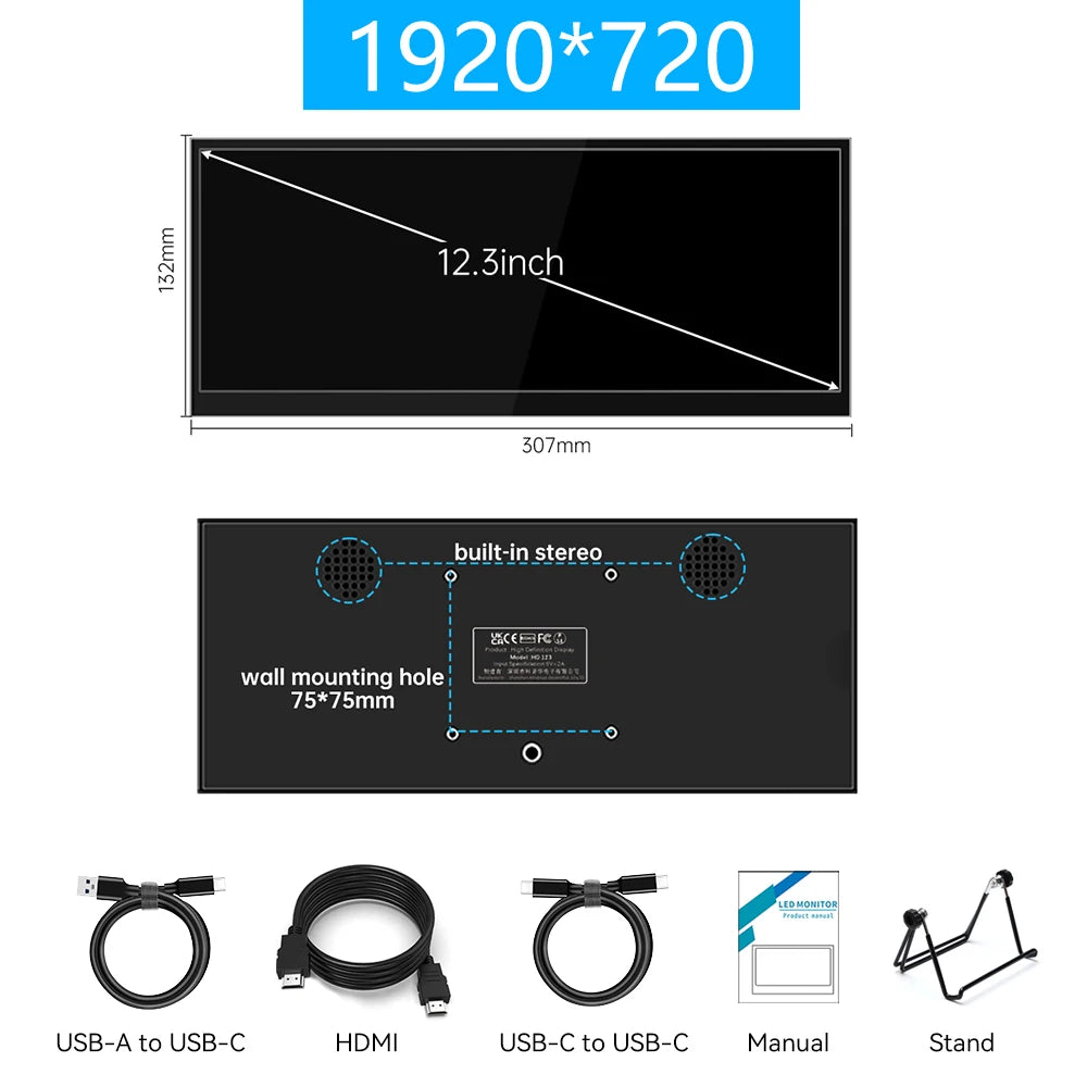 12.3-Inch Portable Touchscreen Monitor – IPS Secondary Display Bar with HDMI & Type-C, 1920x720 Resolution