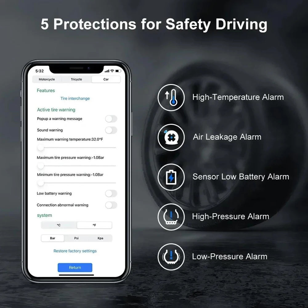 Motorcycle Bluetooth-Compatible TPMS – External Tire Pressure Sensors for Android/IOS Car Monitoring System