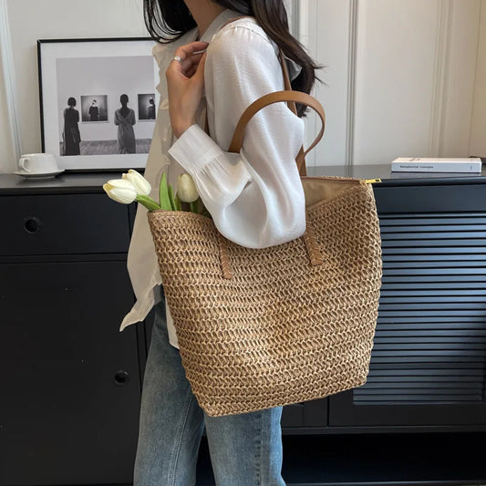 Women’s Hand-Woven Straw Shoulder Bag – Bohemian Summer Beach Tote & Travel Shopper 2025 Fashion Weave Handbag