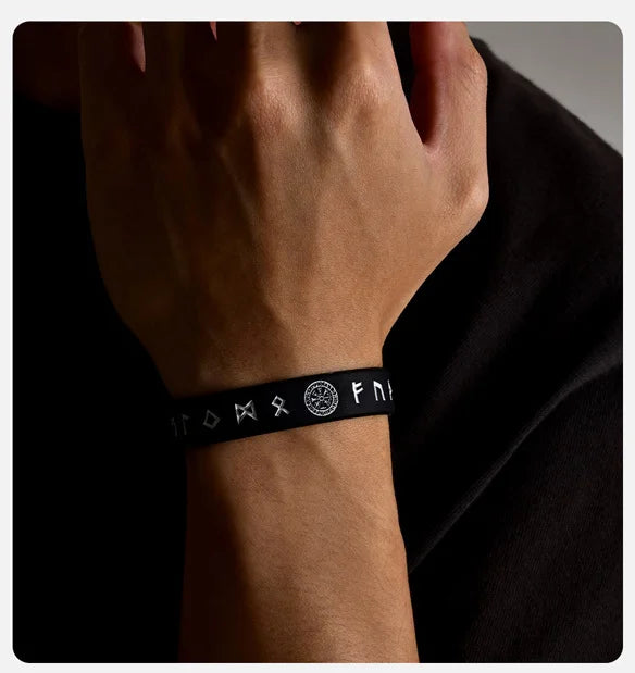 Vnox 12mm Silicone Bracelet for Men - Soft Rubber Viking Compass Rune Amulet Wristband Set