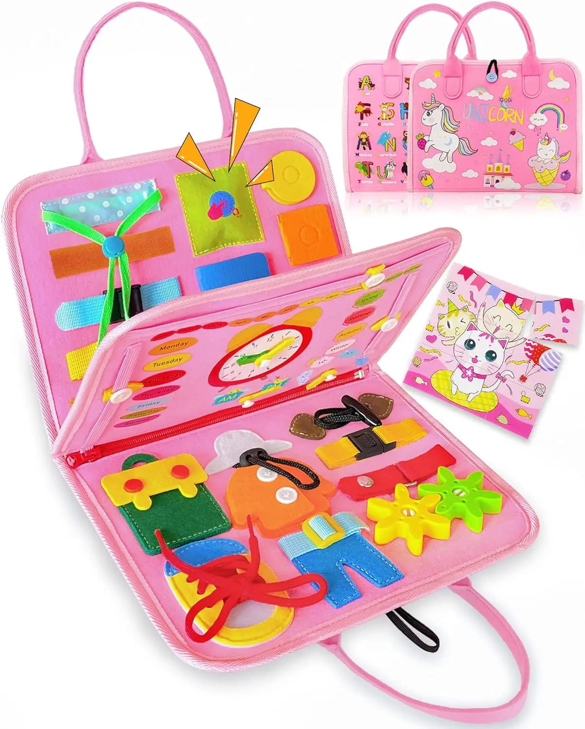 Toddler Montessori Busy Board – Dinosaur Dress-Up, Learning & Sensory Activities, Travel Toy & Life Skills Backpack