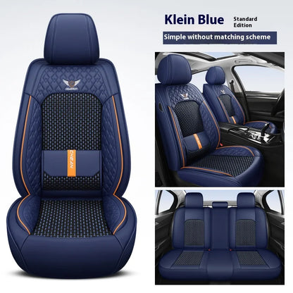 Universal 5-Seat Nappa Leather Car Seat Covers - Four-Season Ice Silk Cushion Set with Fixed Lumbar Support for Most Cars