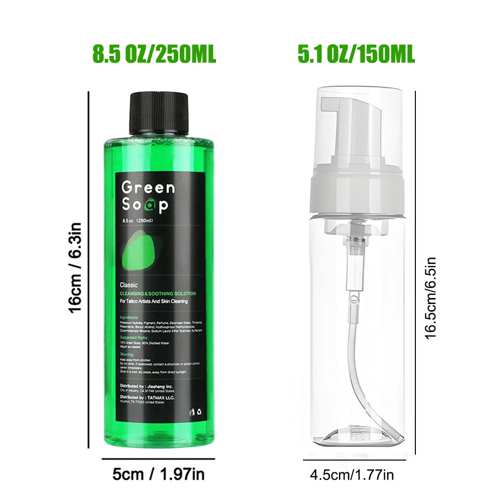 Ultra Concentrated Tattoo Green Soap Kit – 30/250/500ML Cleaning Solution with 150ml Foaming Bottle for Tattoo Care & Skin Cleaning