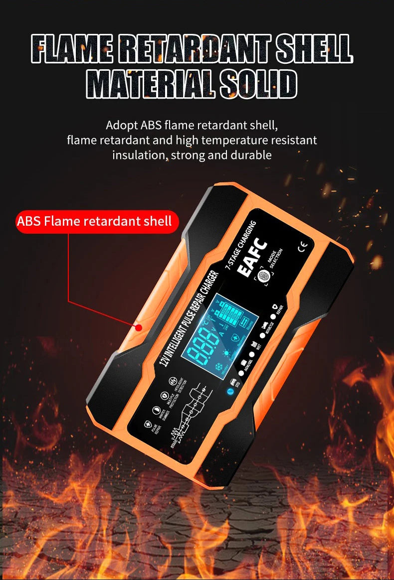 12V/24V Smart Battery Charger — 10A/12A Fast Charger with 7-Stage Pulse Repair for AGM, GEL, WET Lead-Acid Car Batteries