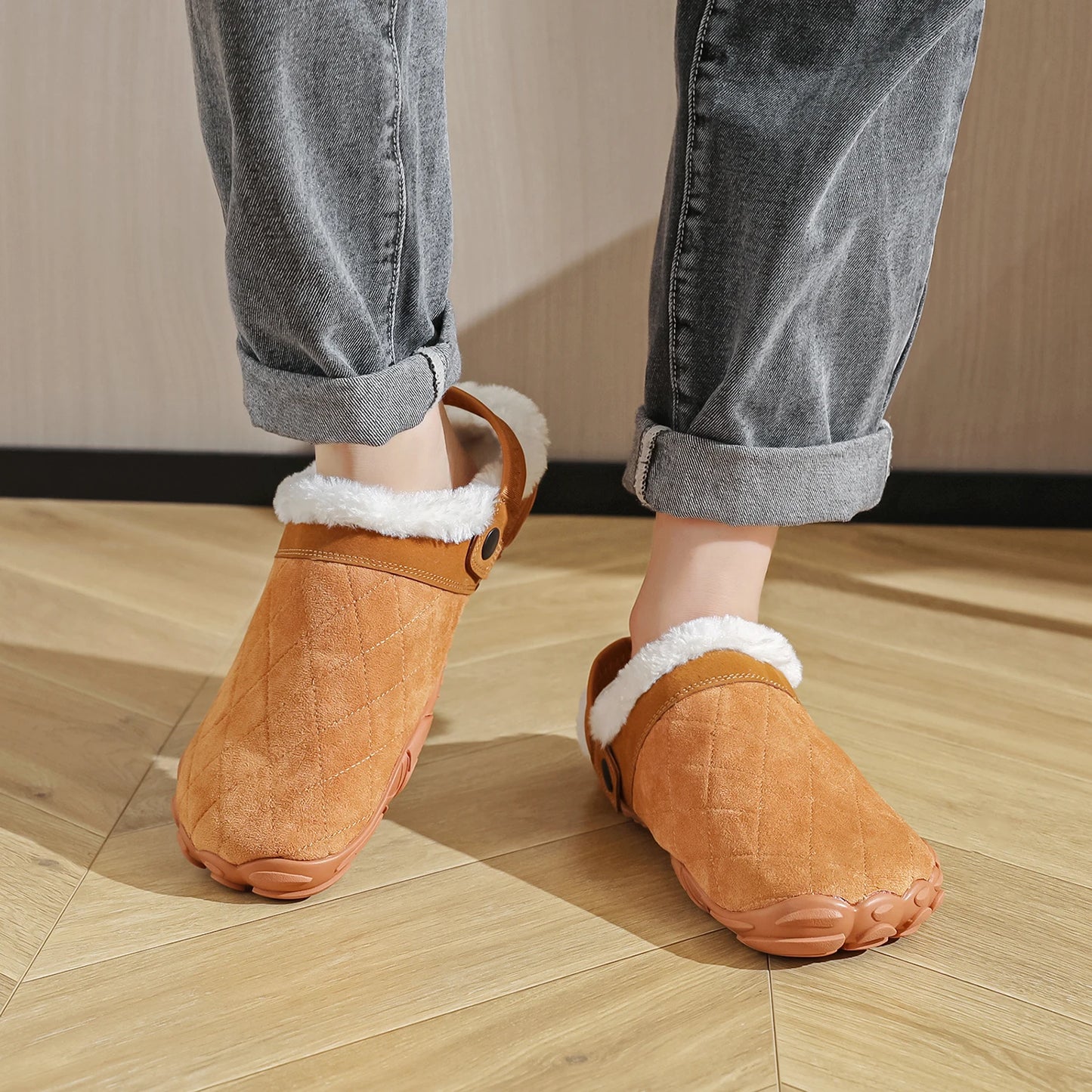 Chamois Leather Indoor Flip Flops – Warm Cotton Bedroom Slippers for Men & Women, Wide Toe Home Footwear