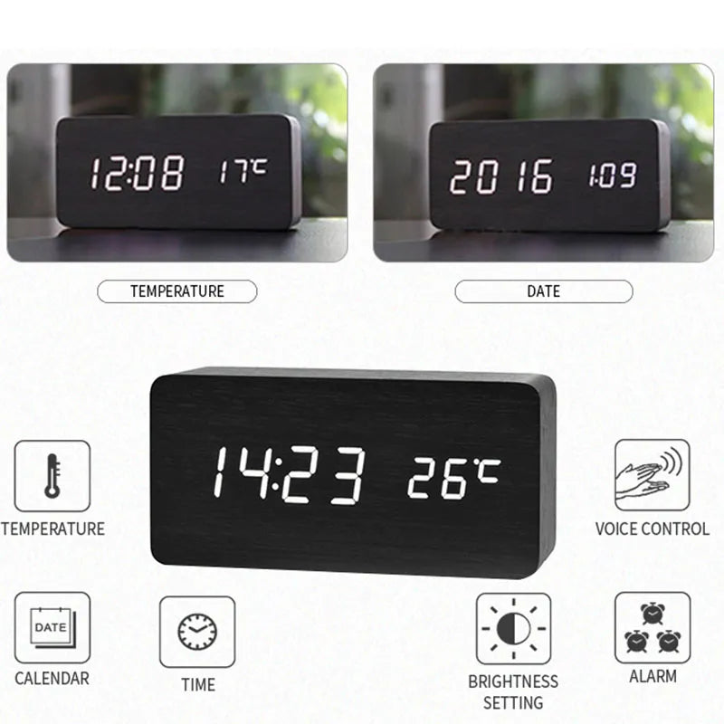 Wooden LED Digital Alarm Clock: Stylish Desk & Bedside Clock with Temperature Display