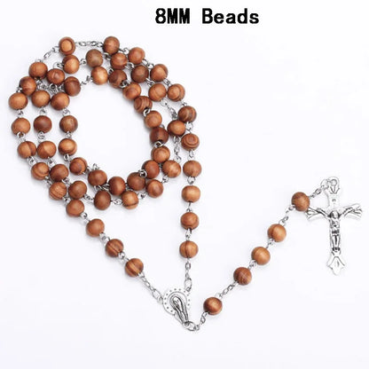 Catholic Wooden Beaded Rosary Necklace – INRI Crucifix Cross Pendant Long Chain Christian Prayer Jewelry for Men & Women