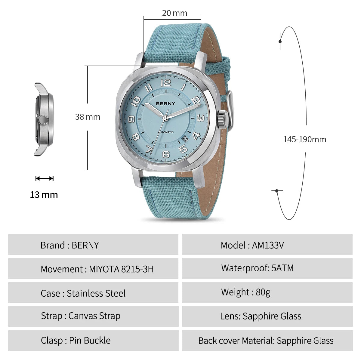 BERNY Women’s Mechanical Watch — Self-Wind Pillow Cushion Design with Sapphire Crystal, Super Luminous Display, Canvas Strap, and Calendar Function