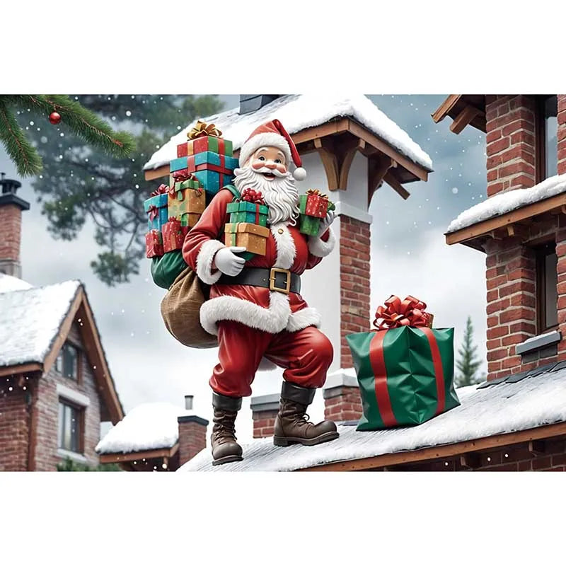 MOON.QG Christmas Santa Claus Village Backdrop – Holiday Photo Studio Background with Trees & Gifts for Home Decoration