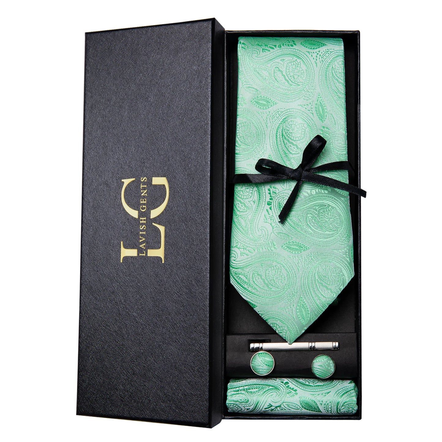 Hi-Tie Luxury Paisley Teal Green Tie Set - Men’s Classic Necktie with Handkerchief & Cufflinks Gift Box for Wedding & Formal Wear