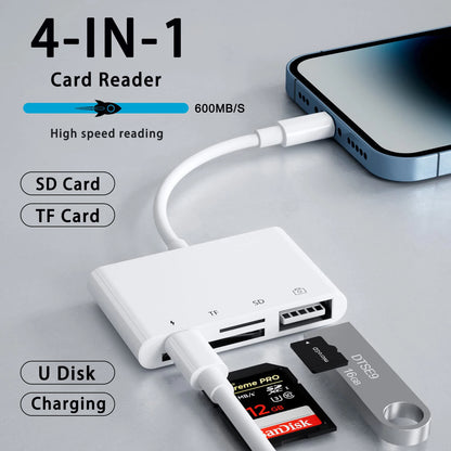 4-in-1 USB Card Reader – SD/TF Card Adapter for iPhone 14/13/12/11 Pro Max & iPad, Lightning Fast Charging for MacBook & Camera