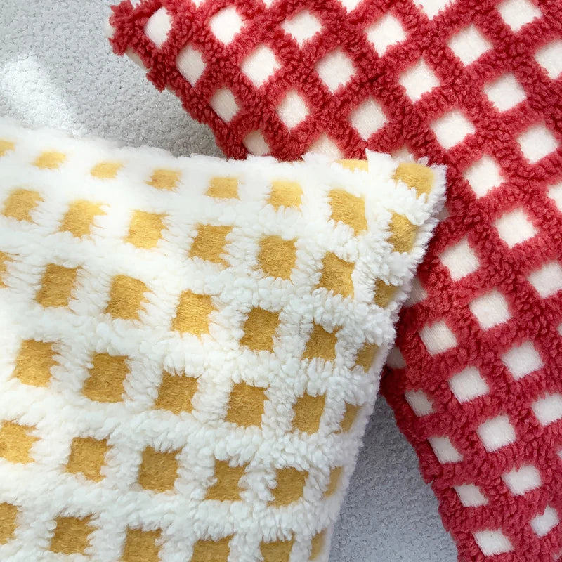 BUYNOW Plush Grid Pillowcase - Cute Decorative Sofa Cushion Cover for Living Room Home Decor