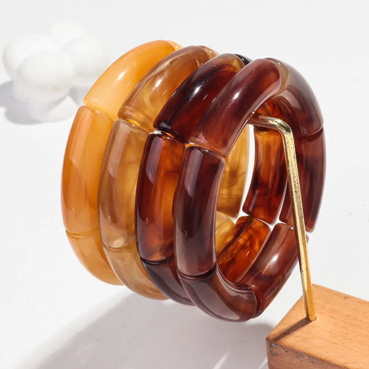 Fashion 4PCS Resin Amber Bamboo Bead Acrylic Elastic Bracelet Set — Trendy 2024 Handmade Bangles