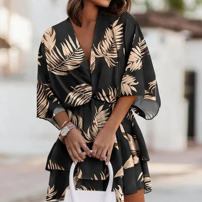 Women’s Sexy V-Neck Ruffle Mini Dress – Summer Boho Floral Batwing Sleeve Beach Party Dress