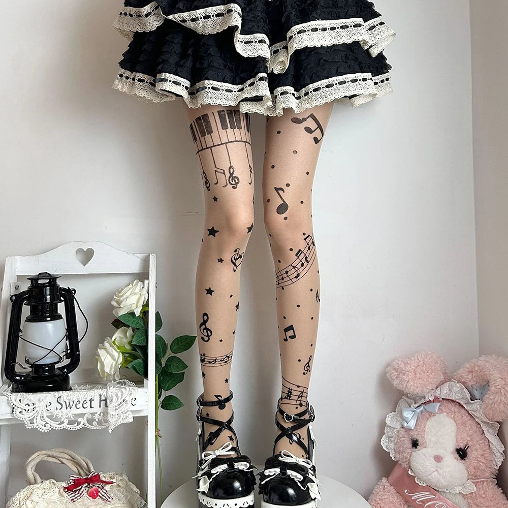 Musical Note Black Tights - Y2K Lolita Printed Stockings for Women, Party & Club Pantyhose