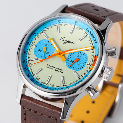 Sugess Pilot Men’s Chronograph Watch — Original ST1901 Mechanical Movement, Sapphire Crystal, Waterproof Racing Strap