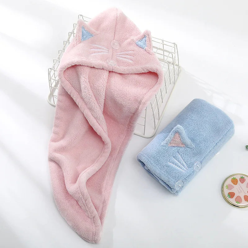 Cute Cat Hair Cap Microfiber Towel - Quick Dry Hat Bath Towel for Long Hair, Strong Water Absorbent Women Wrap, Wiping Hair Towel
