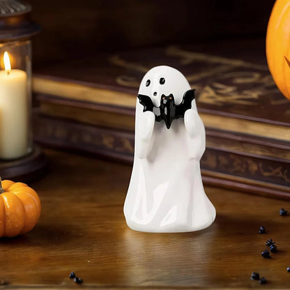 8.5cm White Cute Ghost Figurine — Halloween Desk & Shelf Decor with Black Bat, Kawaii Heart Ghost Mini Statue