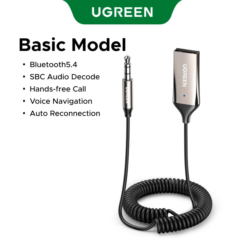 UGREEN Bluetooth 6.0/5.4 AUX Adapter – 3.5mm Handsfree Car Receiver with Mic for Music, Navigation & Wireless Call Streaming