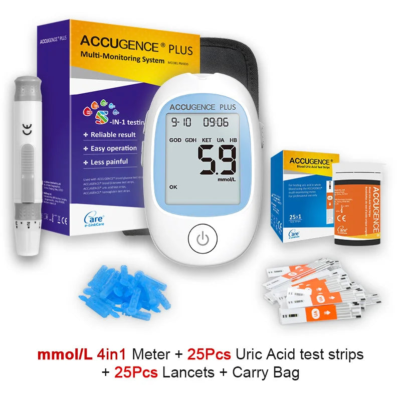 4-in-1 Multifunction Blood Monitor – Hemoglobin, Glucose, Ketone, Uric Acid Test for Diabetes, Anemia, Gout