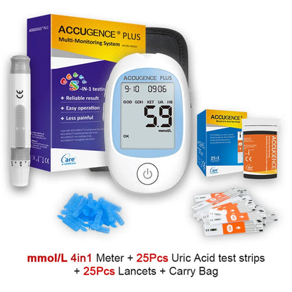 4-in-1 Multifunction Blood Monitor – Hemoglobin, Glucose, Ketone, Uric Acid Test for Diabetes, Anemia, Gout