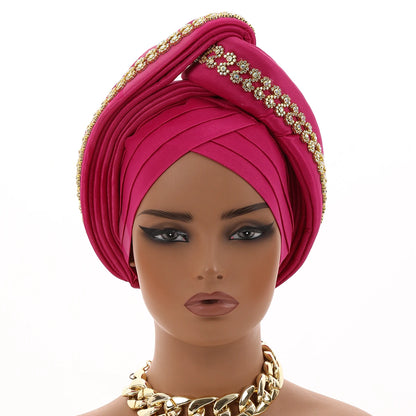 Luxury Diamond African Turban Headtie - Nigerian Auto Gele Head Wrap for Women, Wedding & Party Headpiece