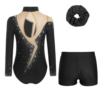 Kids Girls Long-Sleeve Ballet Leotard with Body Shorts & Hair Band — Gymnastics Dance Bodysuit