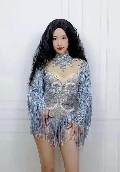 Purple Rhinestone Mesh Tassel Jumpsuit - Sheer Nightclub & Stage Performance Outfit