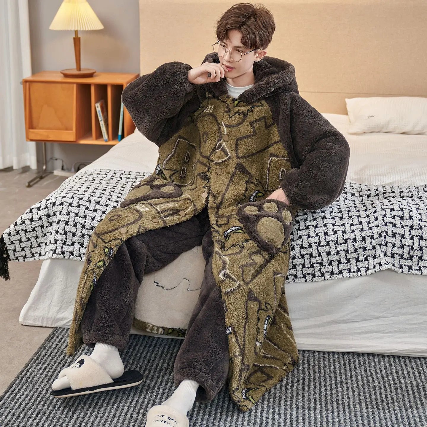 Gengar Anime Winter Hooded Robe - Thick Coral Velvet Sleepwear & Cozy Home Loungewear for Men, Large Sizes