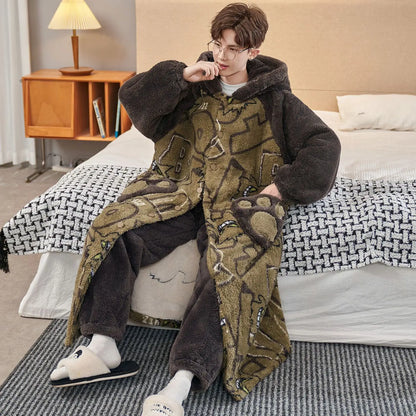 Gengar Anime Winter Hooded Robe - Thick Coral Velvet Sleepwear & Cozy Home Loungewear for Men, Large Sizes