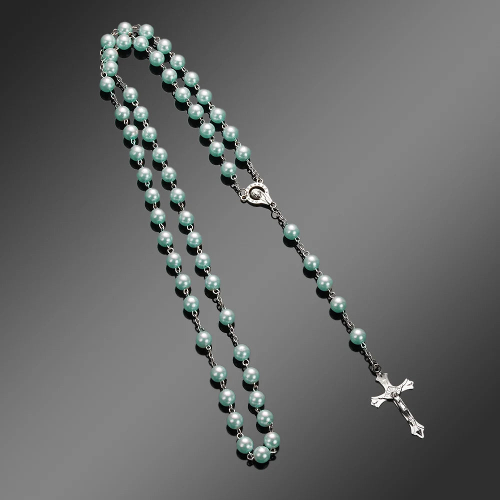 Rosary Beads Cross Necklace – Catholic Virgin Mary Pendant Chain Religious Jewelry Gift for Men & Women Prayer Charm
