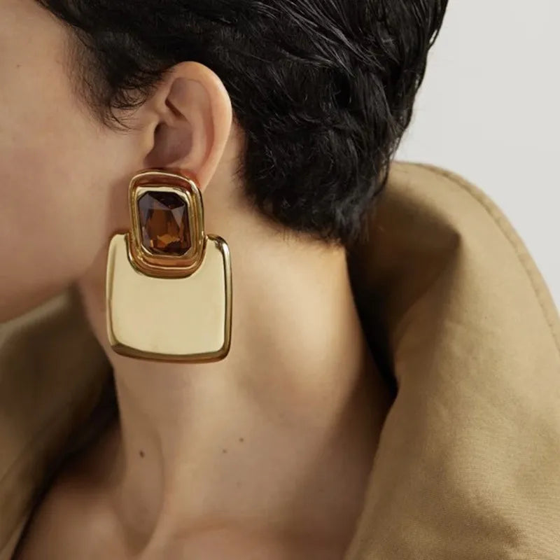 Vintage Large Geometric Crystal Earrings – Exaggerated Metal Statement Jewelry for Women