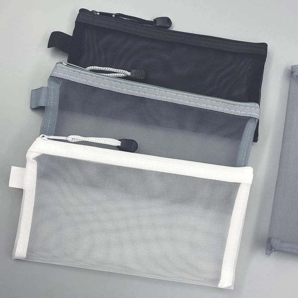 Large Transparent Mesh Pencil Case — Nylon Zip Storage Bag for School & Office Supplies