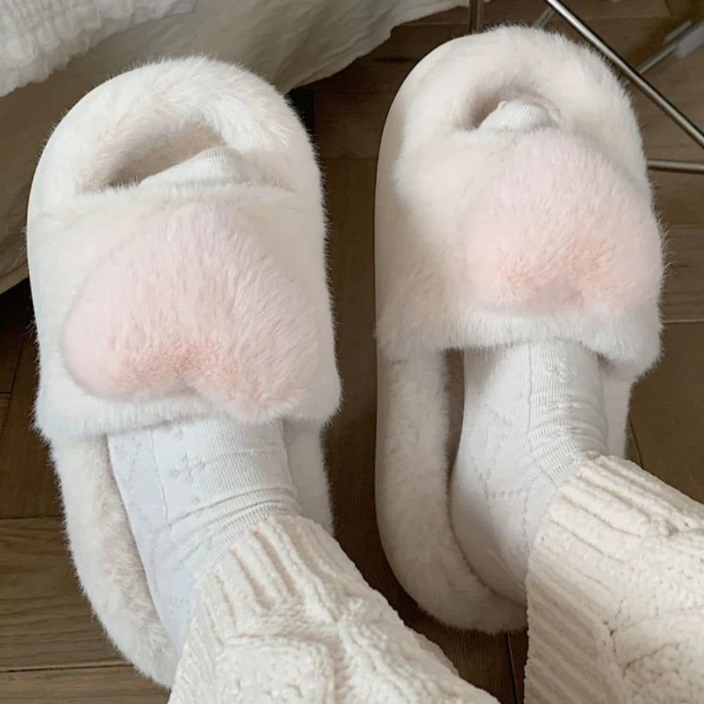 3D Love Single Band Women’s Winter Slippers – Soft Heel Platform, Warm & Fluffy Indoor Home Shoes