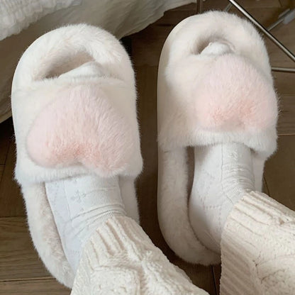 3D Love Single Band Women’s Winter Slippers – Soft Heel Platform, Warm & Fluffy Indoor Home Shoes