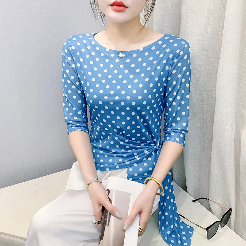 Women’s Polka Dot Mesh T-Shirt - Summer Half Sleeve Irregular Sweet Casual Top