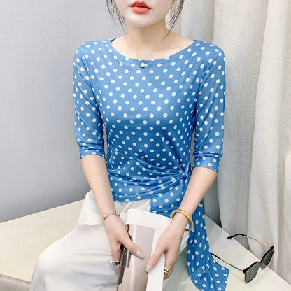 Women’s Polka Dot Mesh T-Shirt - Summer Half Sleeve Irregular Sweet Casual Top