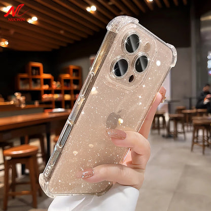 Luxury Glitter Bling Transparent Silicone iPhone Case for 16/16 Plus/15/14/13/12/11 Pro Max – Plated Airbag Shockproof TPU Cover