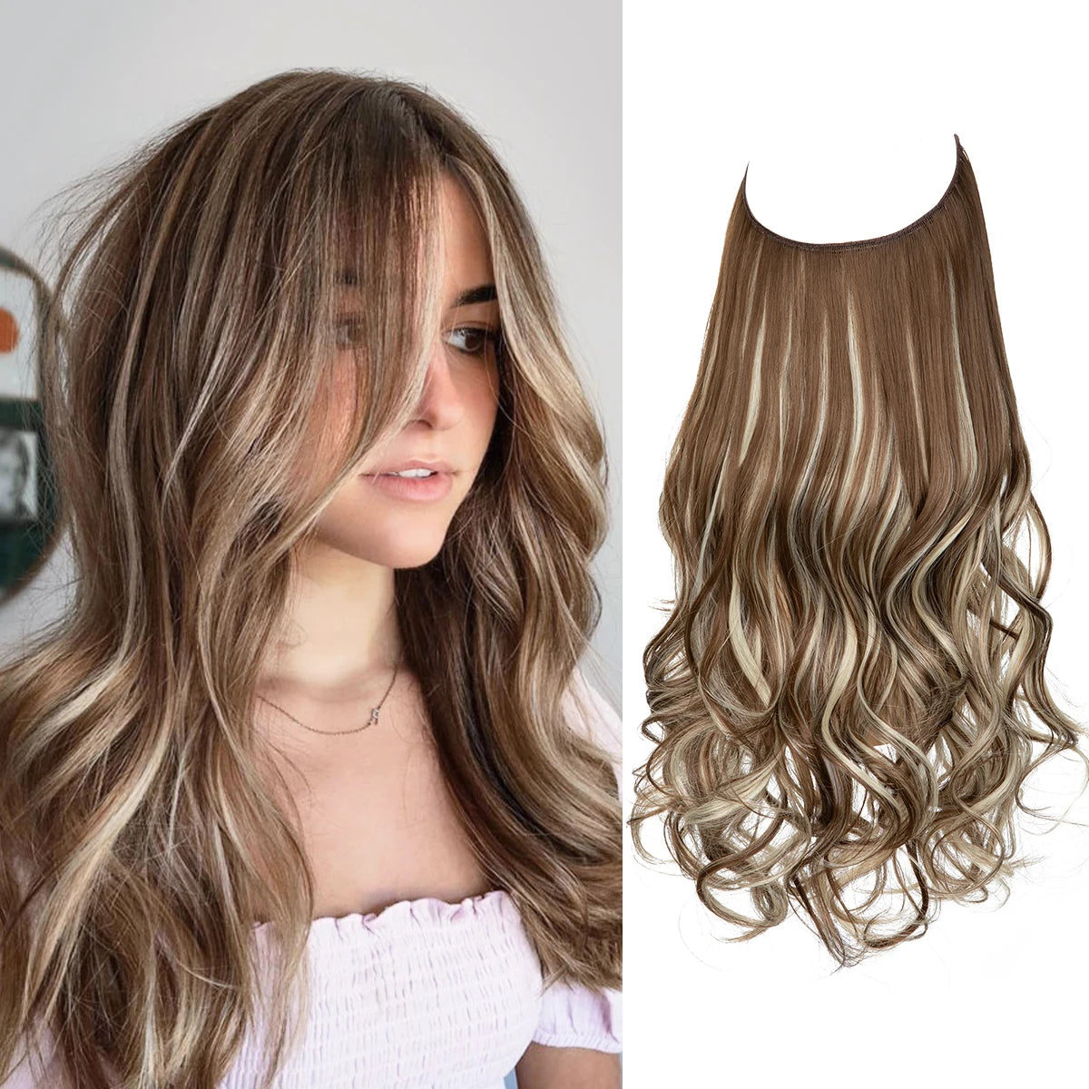 Synthetic Ombre Hair Extension - One Piece Invisible Wire Long Wavy Clipless False Hairpiece Black Blonde Pink