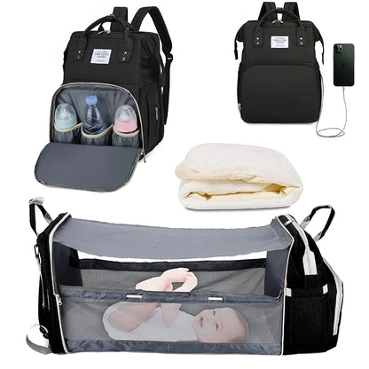3-in-1 Diaper Bag Backpack – Waterproof Travel Bag with Foldable Baby Bed & USB Charging