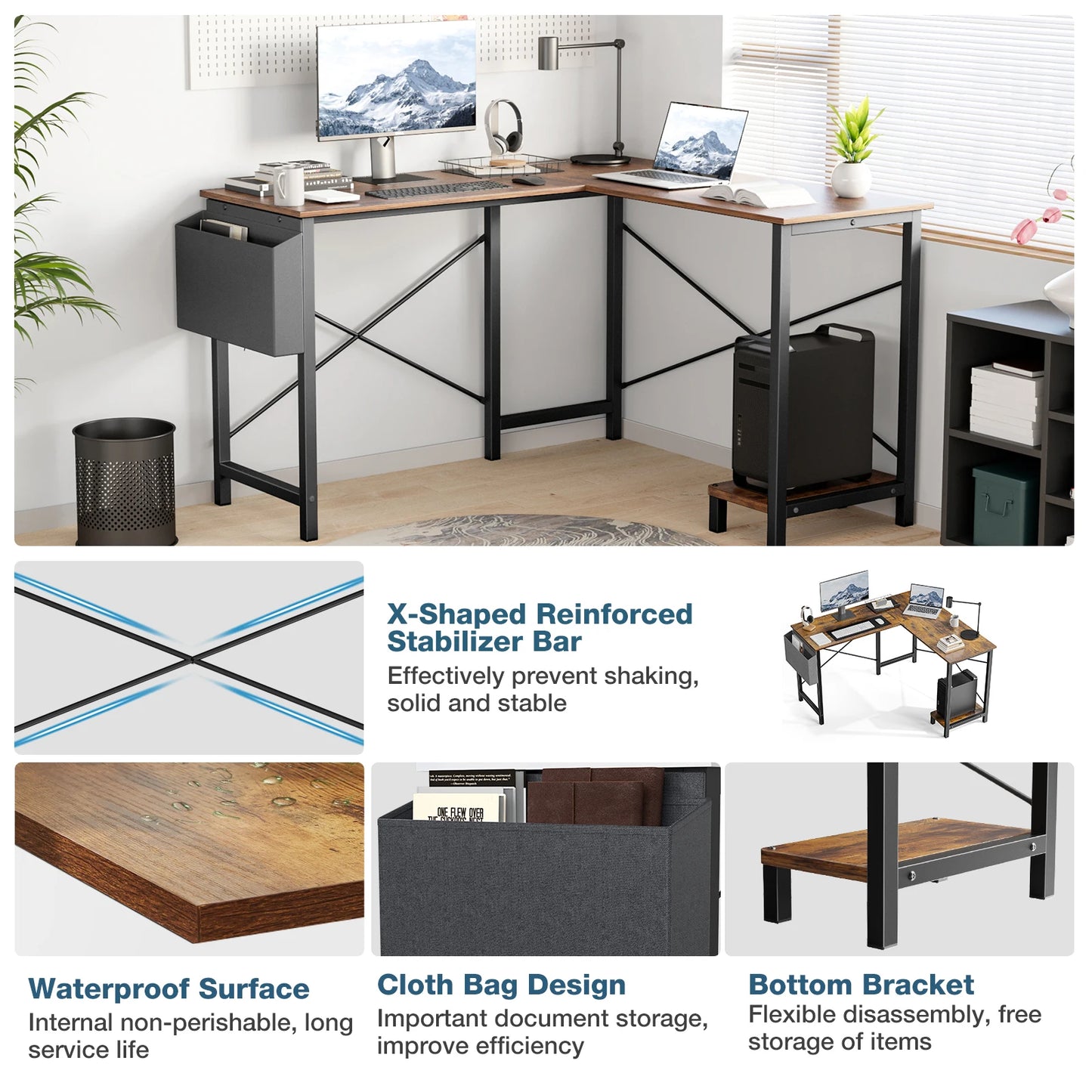 50-Inch Gaming Corner Desk – Wooden Office Writing Table with CPU Storage Shelf & Side Bag for Small Spaces