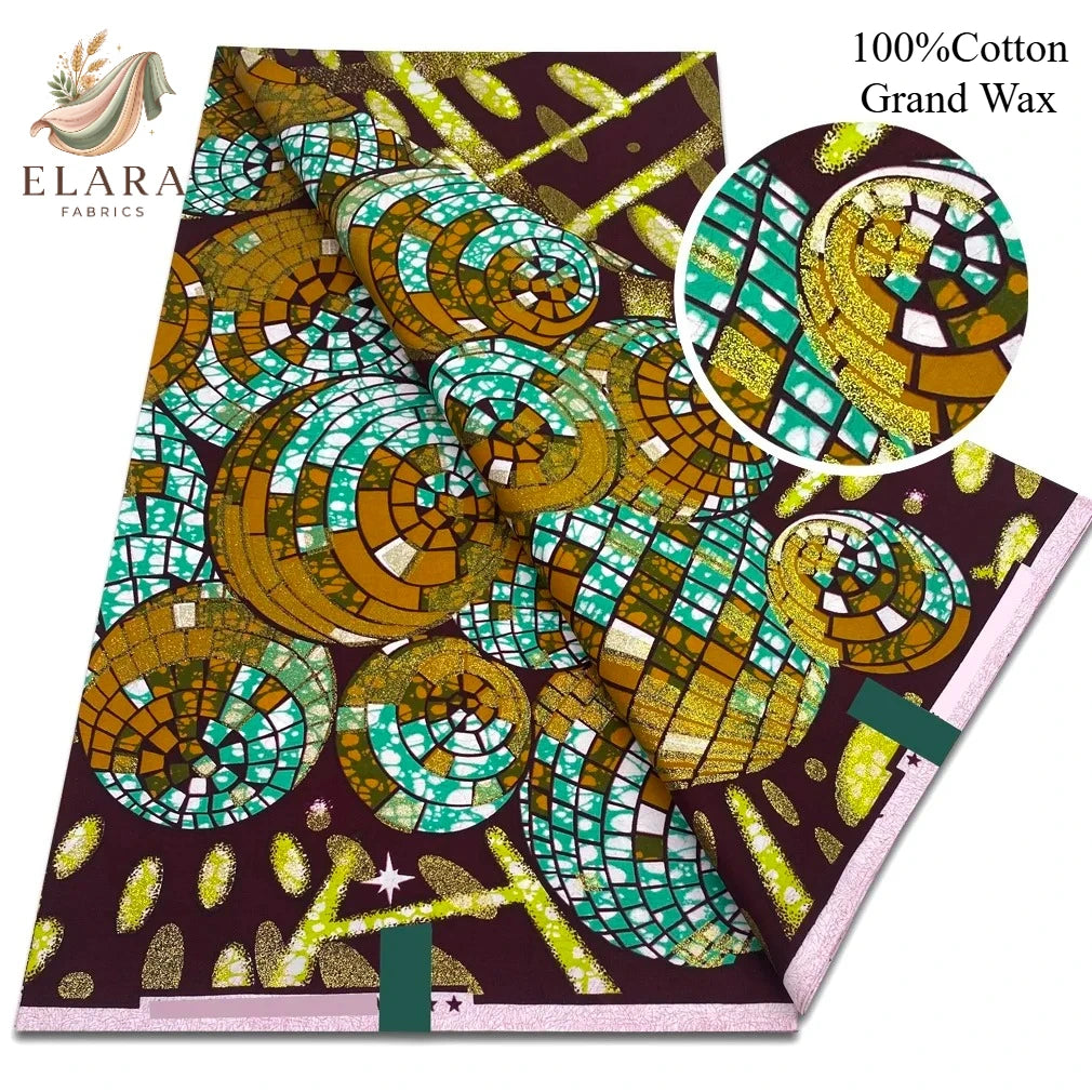 Grand Super African Wax Fabric - 100% Cotton Nigerian Glitter Glam Gold Ankara Print for Sewing