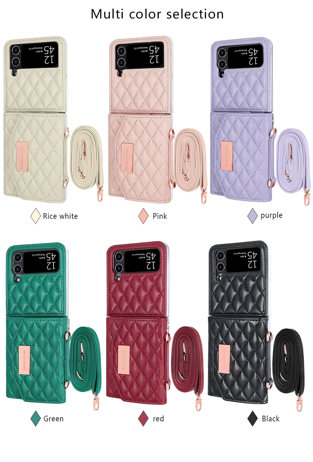 VIETAO Leather Wallet Phone Case with Crossbody Strap — Pink Purse Case for Samsung Galaxy Z Flip 3/4/5/6/7