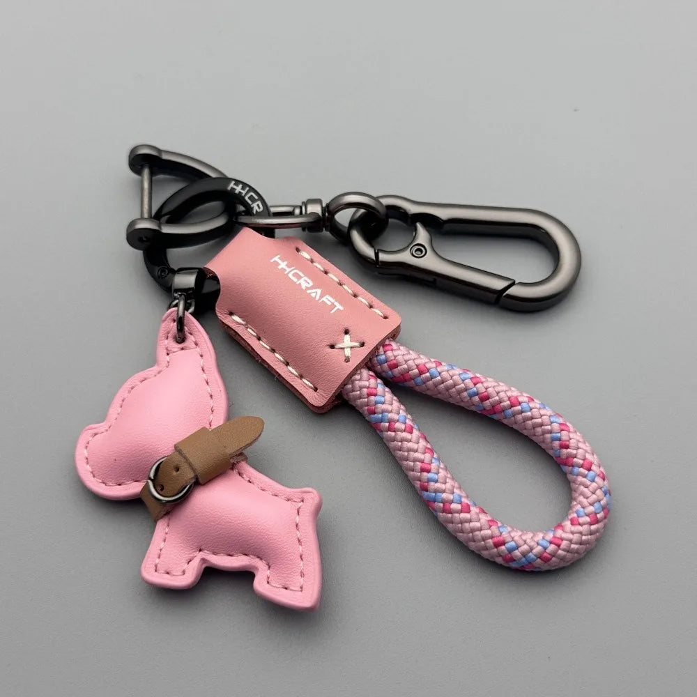 French Bulldog Leather Keychain - Handmade Braided Rope Key Holder with Anti-Loss Strap for Car, Women & Men