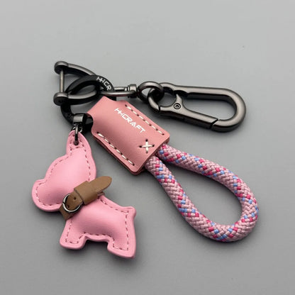 French Bulldog Leather Keychain - Handmade Braided Rope Key Holder with Anti-Loss Strap for Car, Women & Men