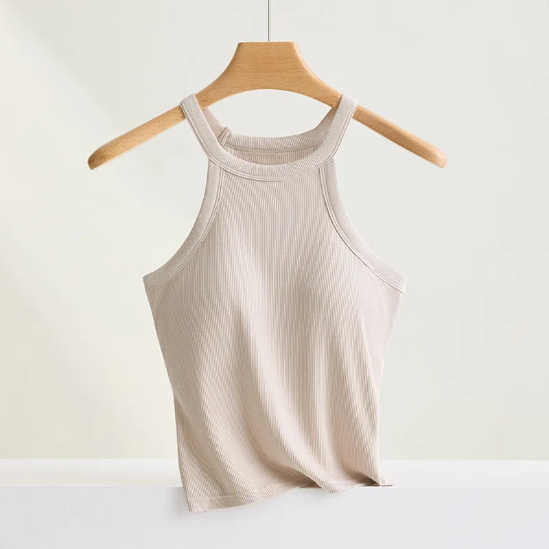 Women’s Threaded Halter Neck Camisole Top – Built-in Bra Slim Fit Elastic Breathable Sling Tank Top with Fixed Cups Underwear Style Basic Wear