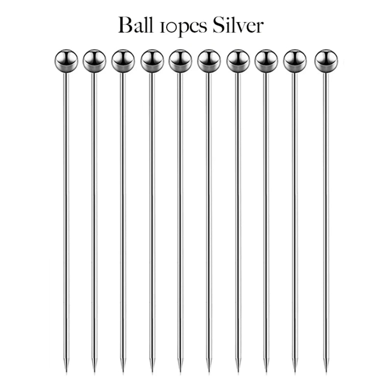 10PCS Stainless Steel Cocktail Picks - Fruit Sticks & Drink Stirring Sticks in Circle, Ball, and Hat Shapes